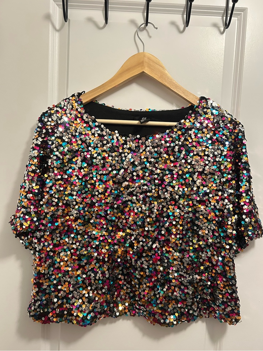 H&M Large Size Sequin Short Sleeve Cropped Top - Multicolor